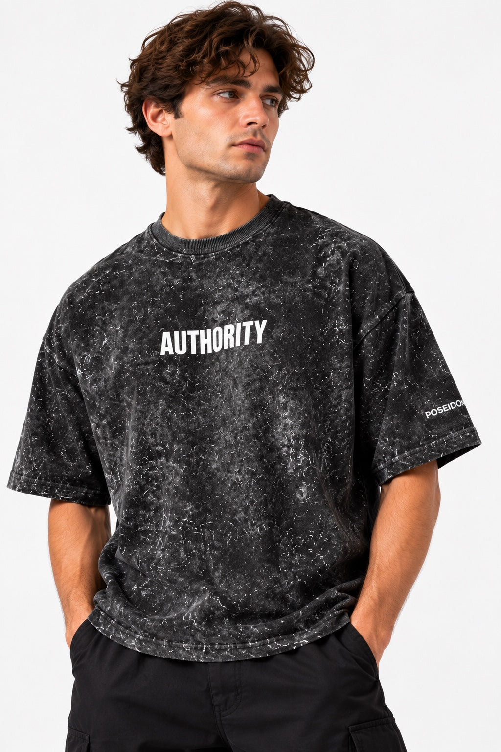 Poseidon Authority oversized box tee front model